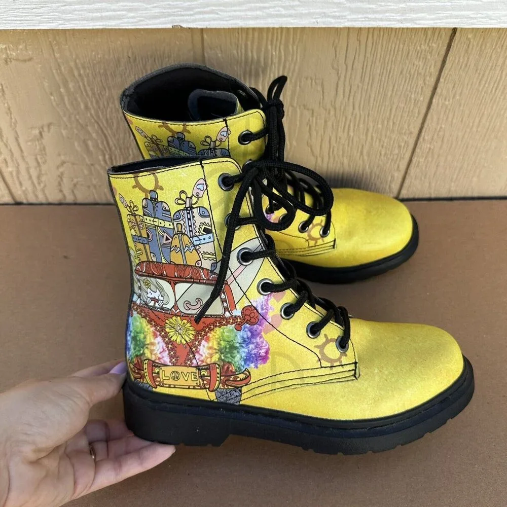 Yes We Vibe Combat Boots Yellow Travel Van Women’s Size 7 EU 38 Vegan Lace Up - Picture 3 of 10